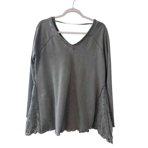 Free People Womens No Frills Lace Inset Pullover Top Green Cotton Oversized - Picture 12 of 12